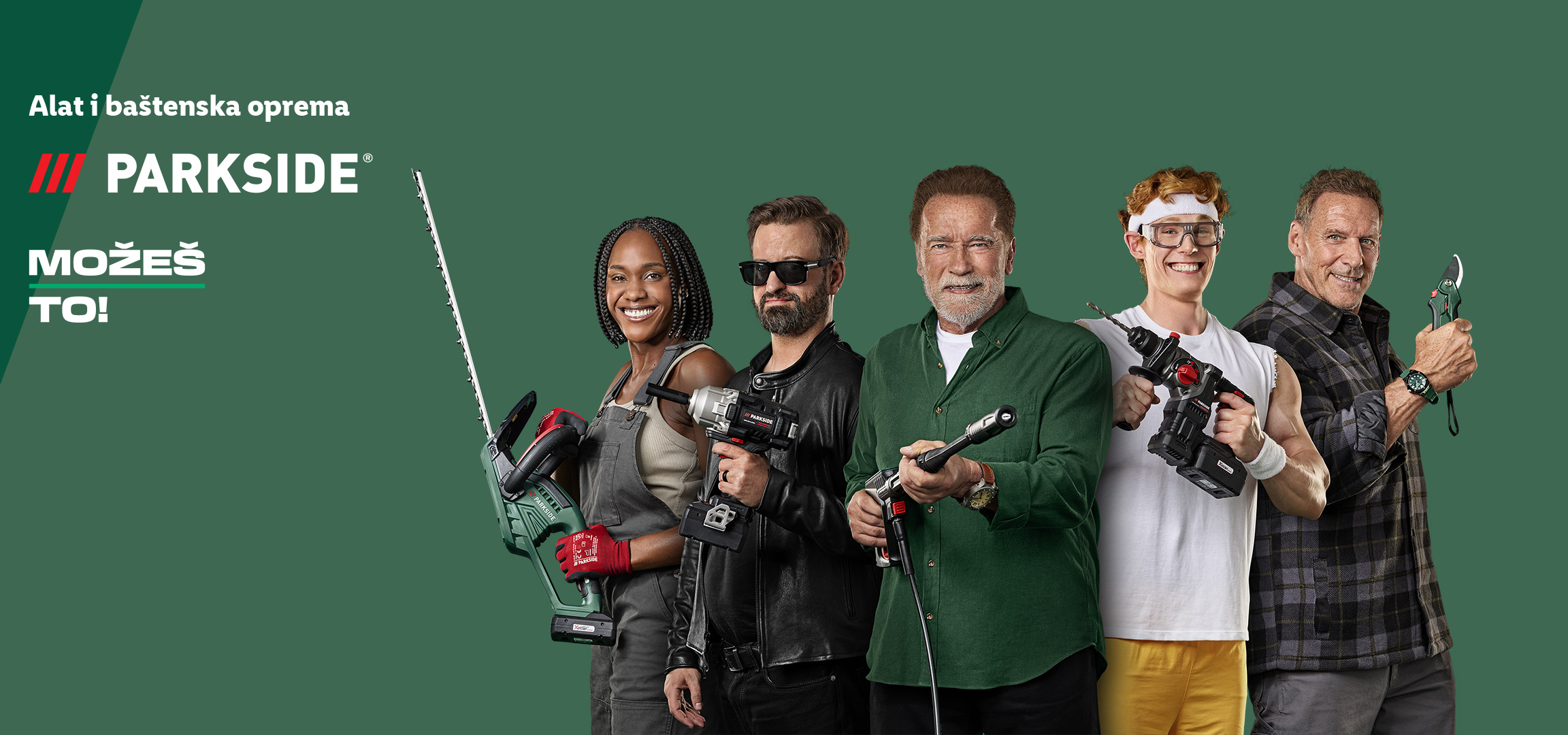 Pet osoba, uključujući Arnolda Švarcenegera, drže baštenski alat i električne bušilice.