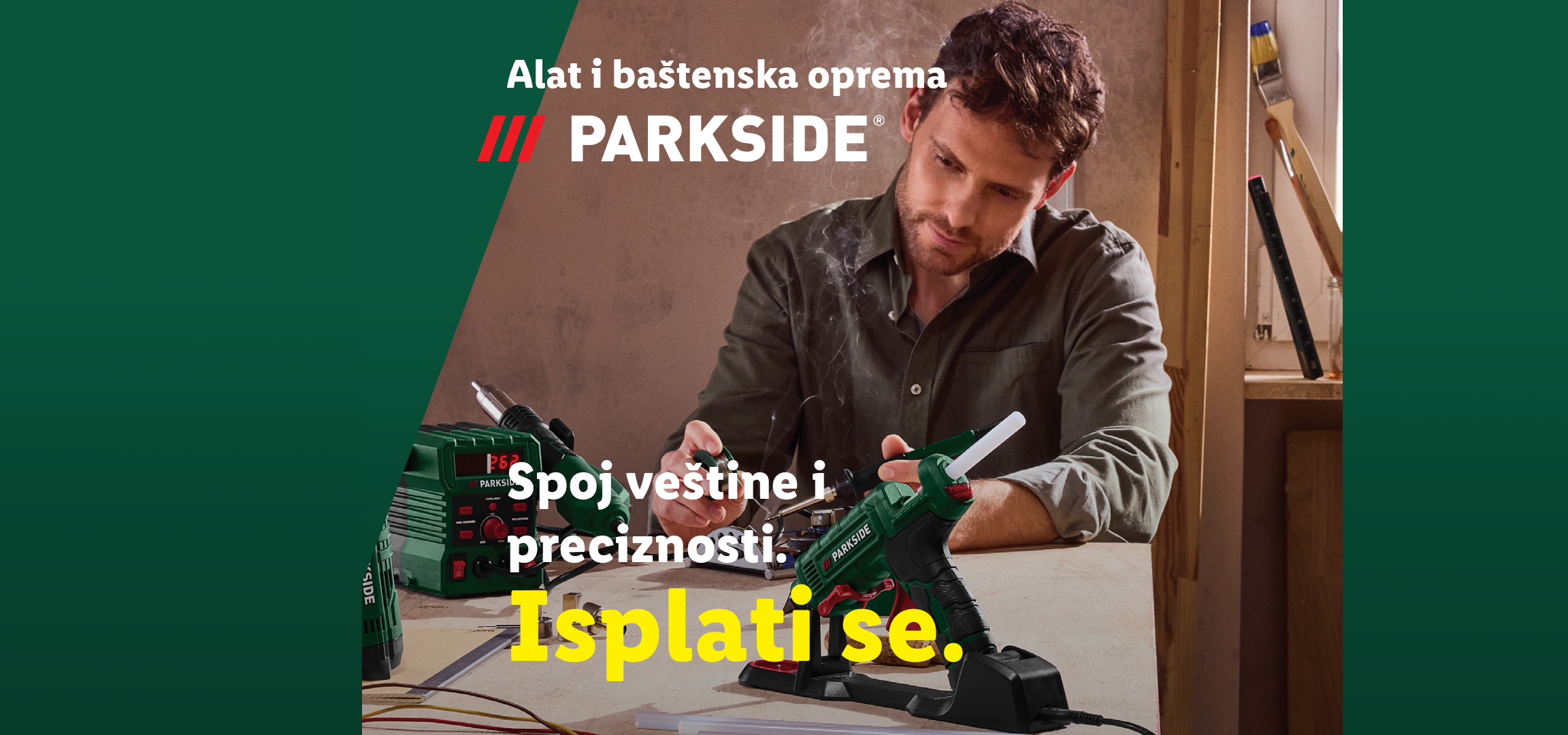 Parkside alati i baštenska oprema: lemilica, pištolj za vruć vazduh i pištolj za lepak u upotrebi.