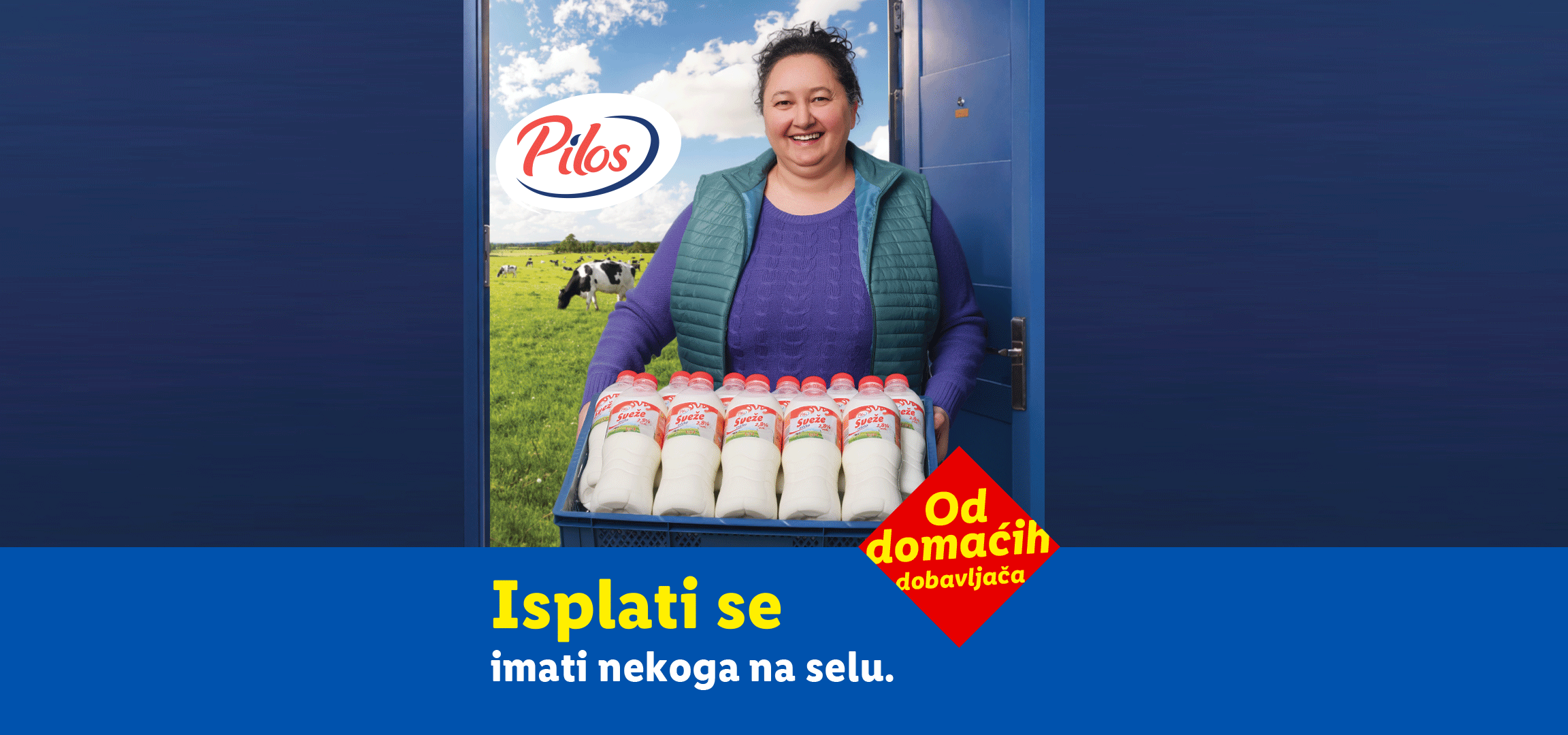 Žena sa gajbom mleka ispred seoskog pejzaža, sa tekstom „Isplati se imati nekoga na selu. Od domaćih dobavljača.“