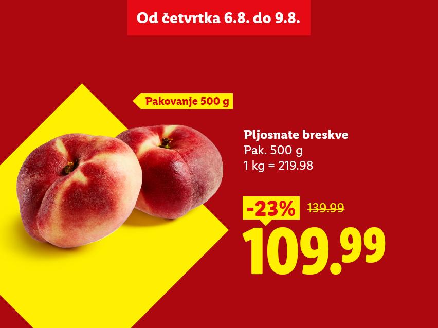 Reklama za pljosnate breskve u pakovanju od 500g, sa cenom od 109.99 i popustom od 23%.