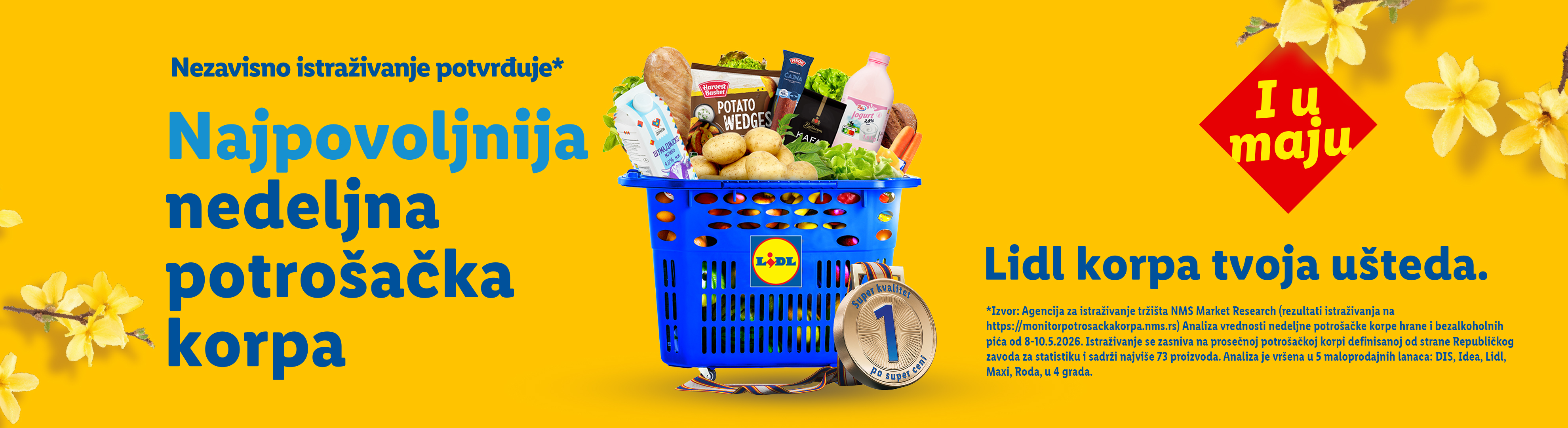 Lidl korpa sa namirnicama, uključujući krompir, jogurt i hleb, sa tekstom o najpovoljnijoj potrošačkoj korpi.