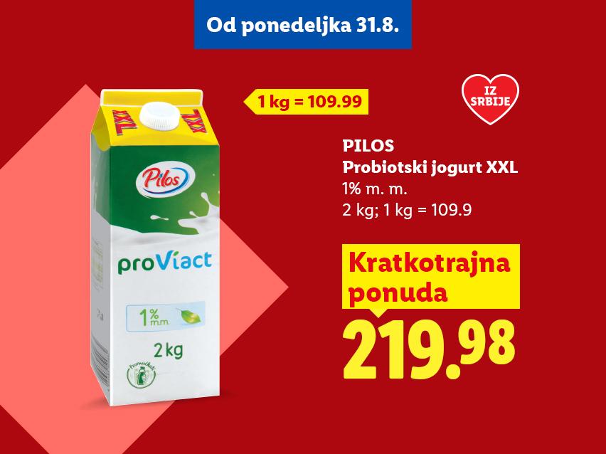 Reklama za probiotski jogurt od 2 kg sa 1% mlečne masti, cena 219.98 dinara.