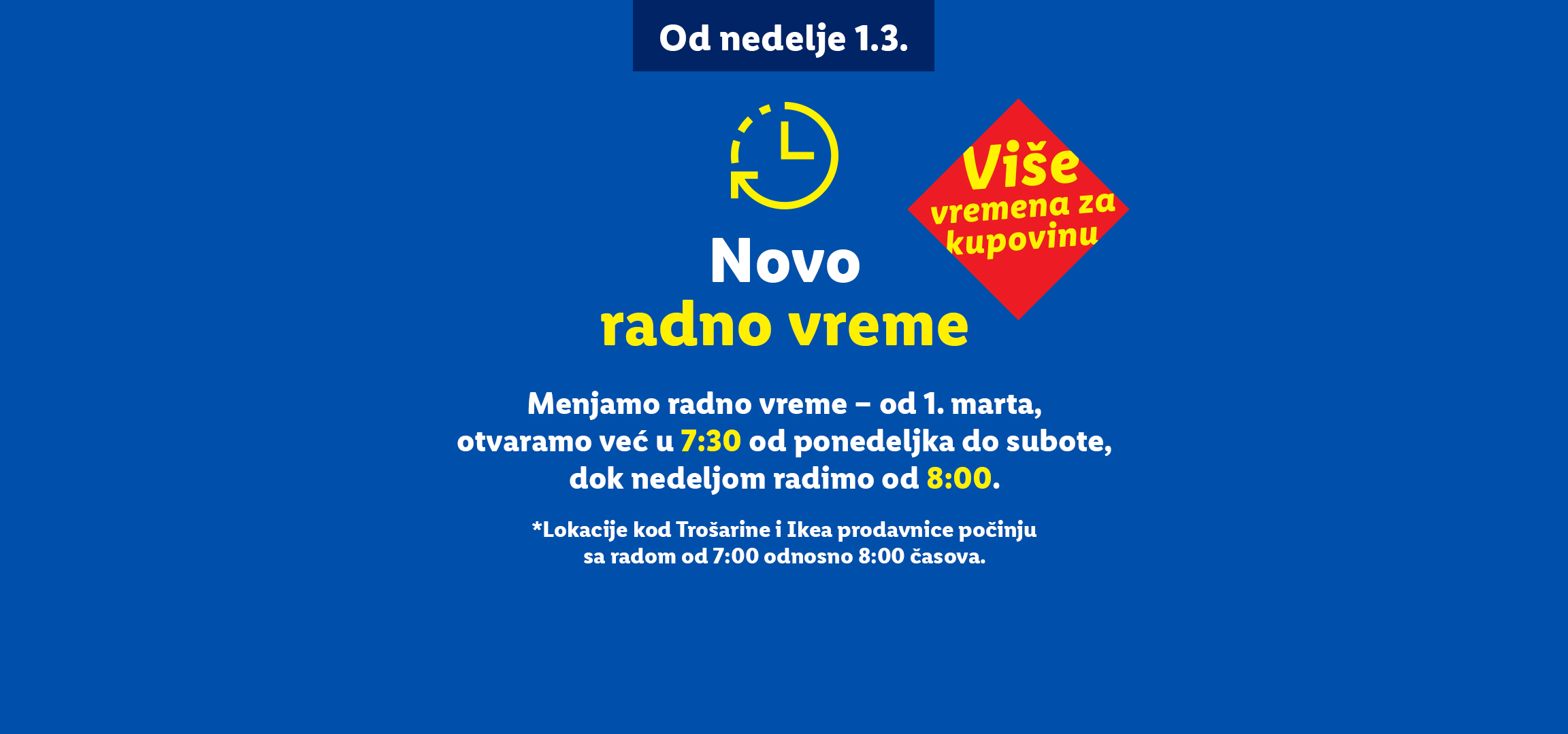 Obaveštenje o novom radnom vremenu prodavnica, sa ranijim otvaranjem od 1. marta.