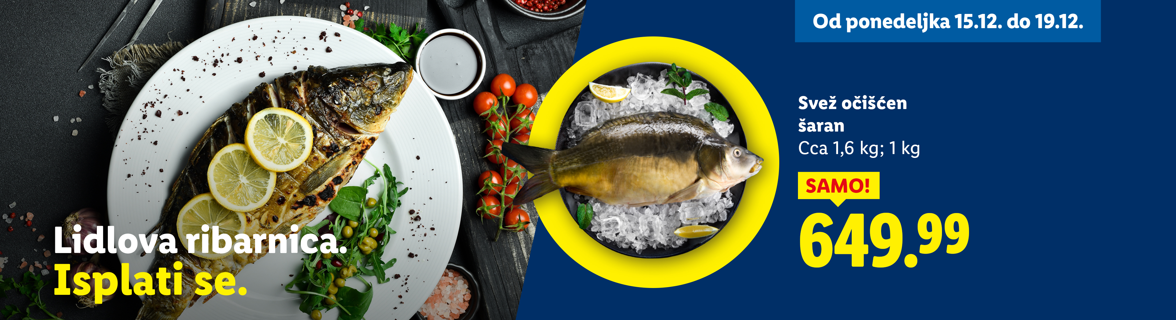 Lidlova ribarnica: Svež očišćen šaran, cca 1,6 kg; 1 kg za 649.99 RSD, od 15.12. do 19.12.