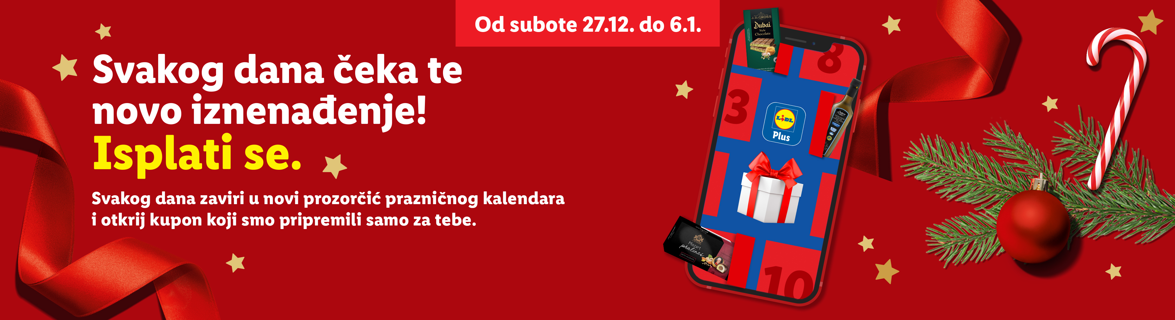 Lidl Plus praznični kalendar sa kuponima, čokoladama i maslinovim uljem.