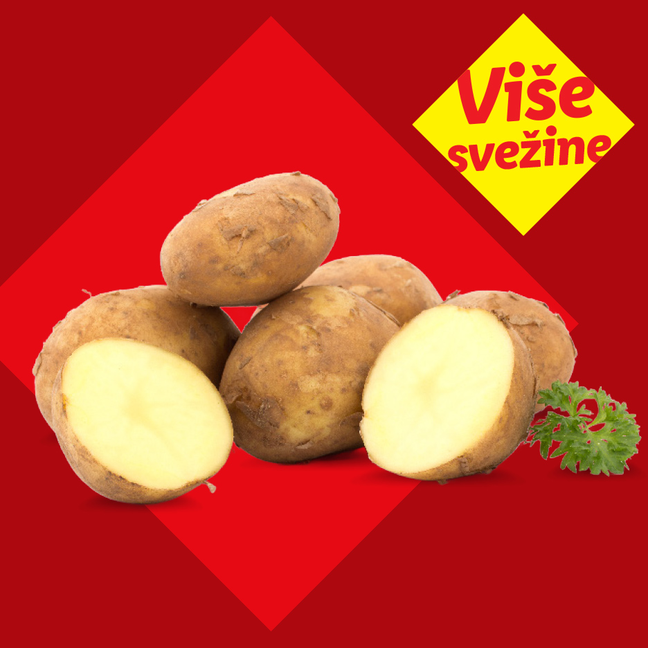 Sveži krompiri, neki prepolovljeni, sa natpisom 'Više svežine' na žutoj pozadini.