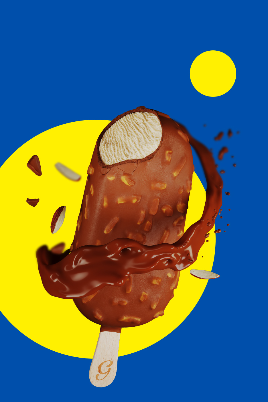 Sladoled na štapiću sa čokoladnom glazurom i komadićima badema, sa prelivom od čokolade na plavoj pozadini sa žutim krugovima.