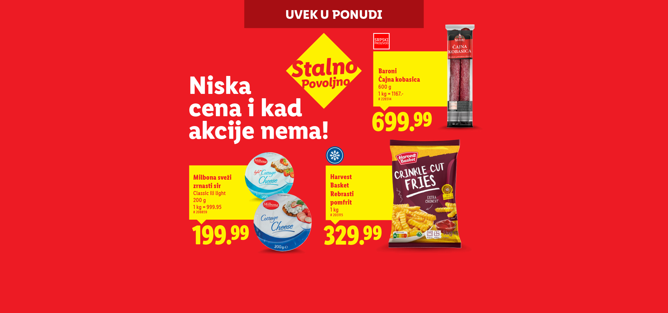 Milbona sirevi, Baroni čajna kobasica i Harvest Basket pomfrit po niskim cenama.