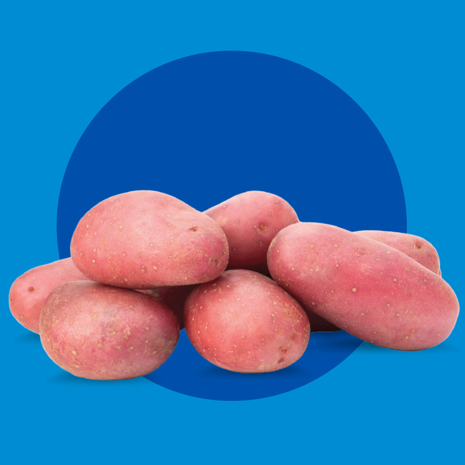 Gomila crvenih krompira na plavoj pozadini sa tamnoplavim krugom.