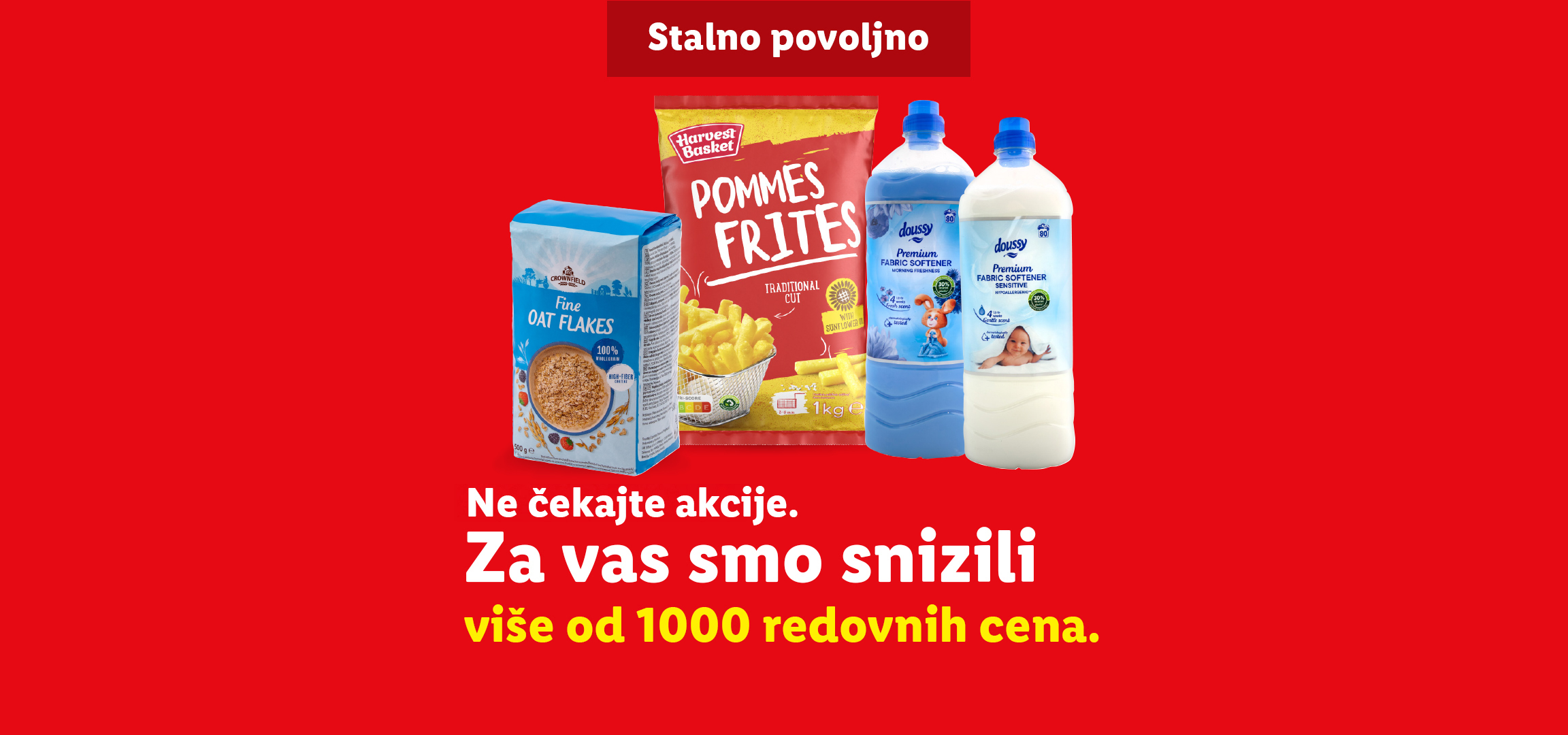 Lidl ponuda sa ovsenim pahuljicama, pomfritom i omekšivačem za veš, uz poruku o sniženim cenama.
