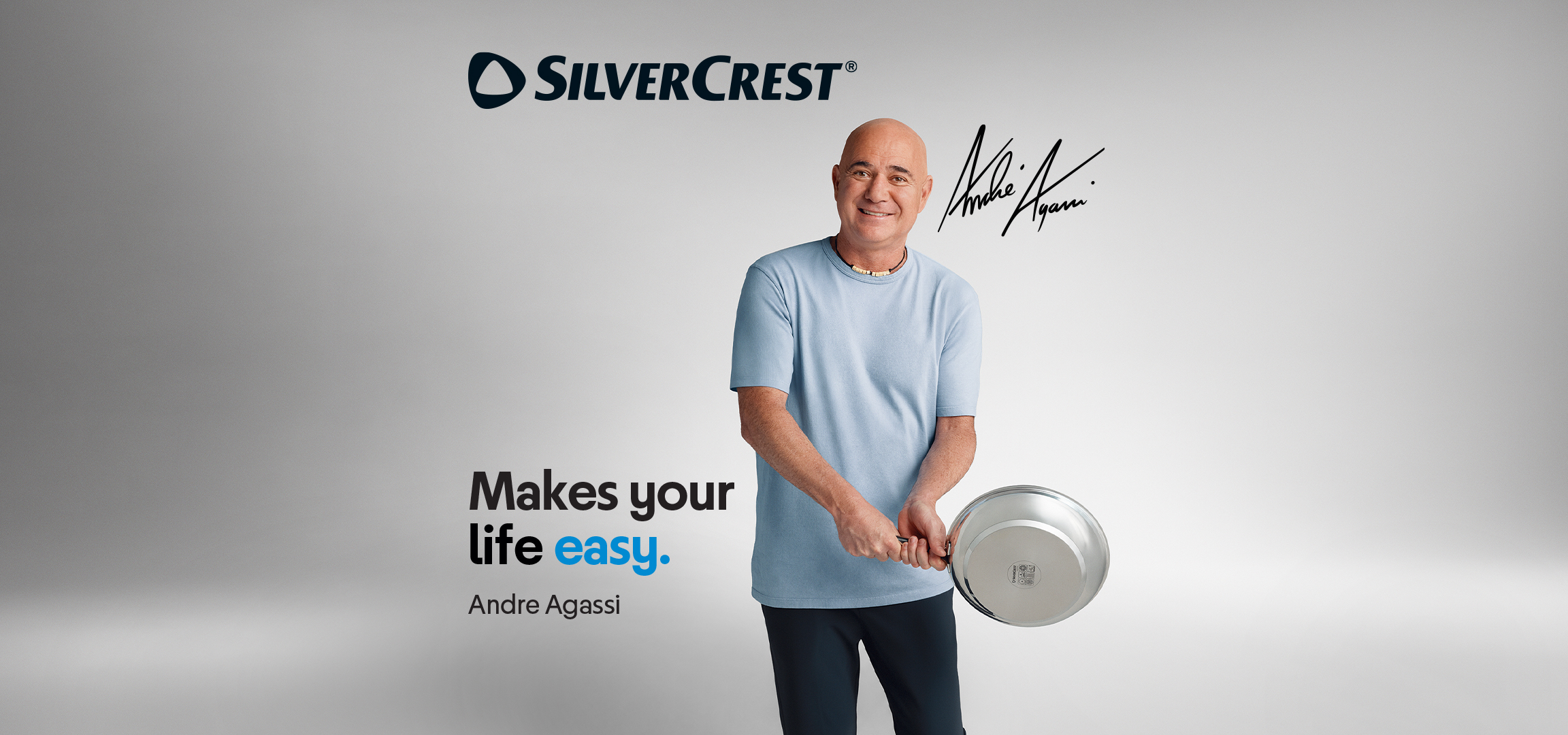 Tiganj i cediljke za hranu, sa tekstom 'Makes your life easy' i Andre Agassi.