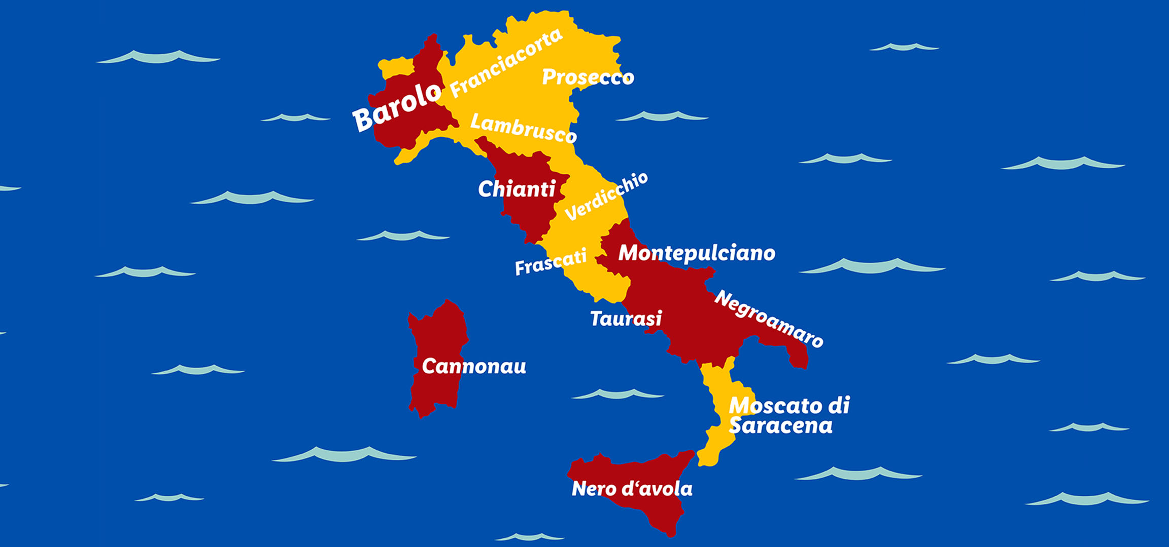 Mapa italijanskih vinskih regiona sa Barolom, Prosekom, Kijantijem i Nero d'Avolom.