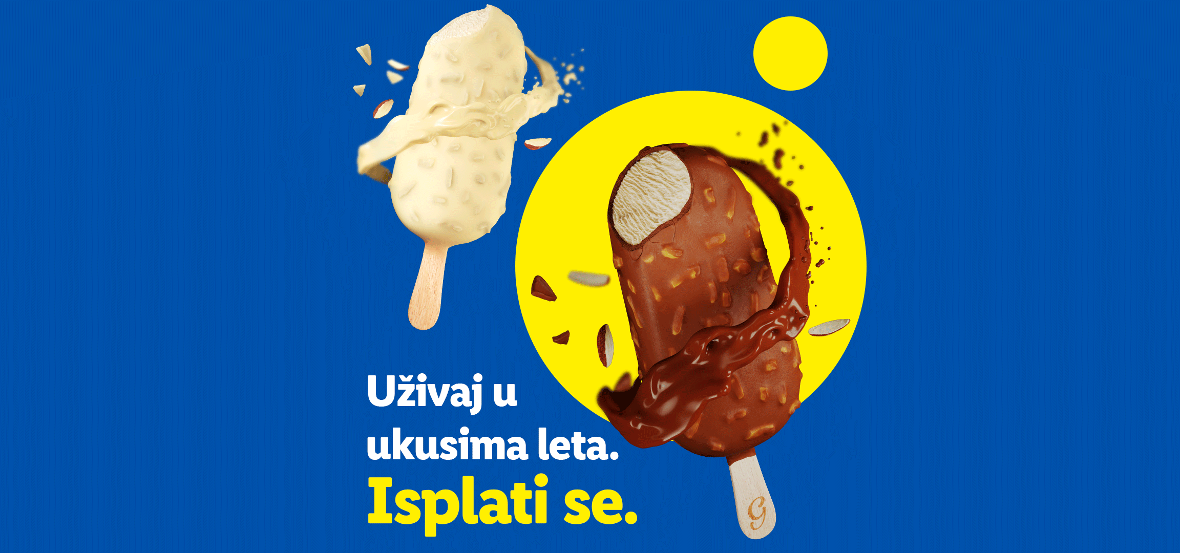 Sladoledi na štapiću i torta od sladoleda sa tekstom: „Uživaj u ukusima leta. Isplati se.“