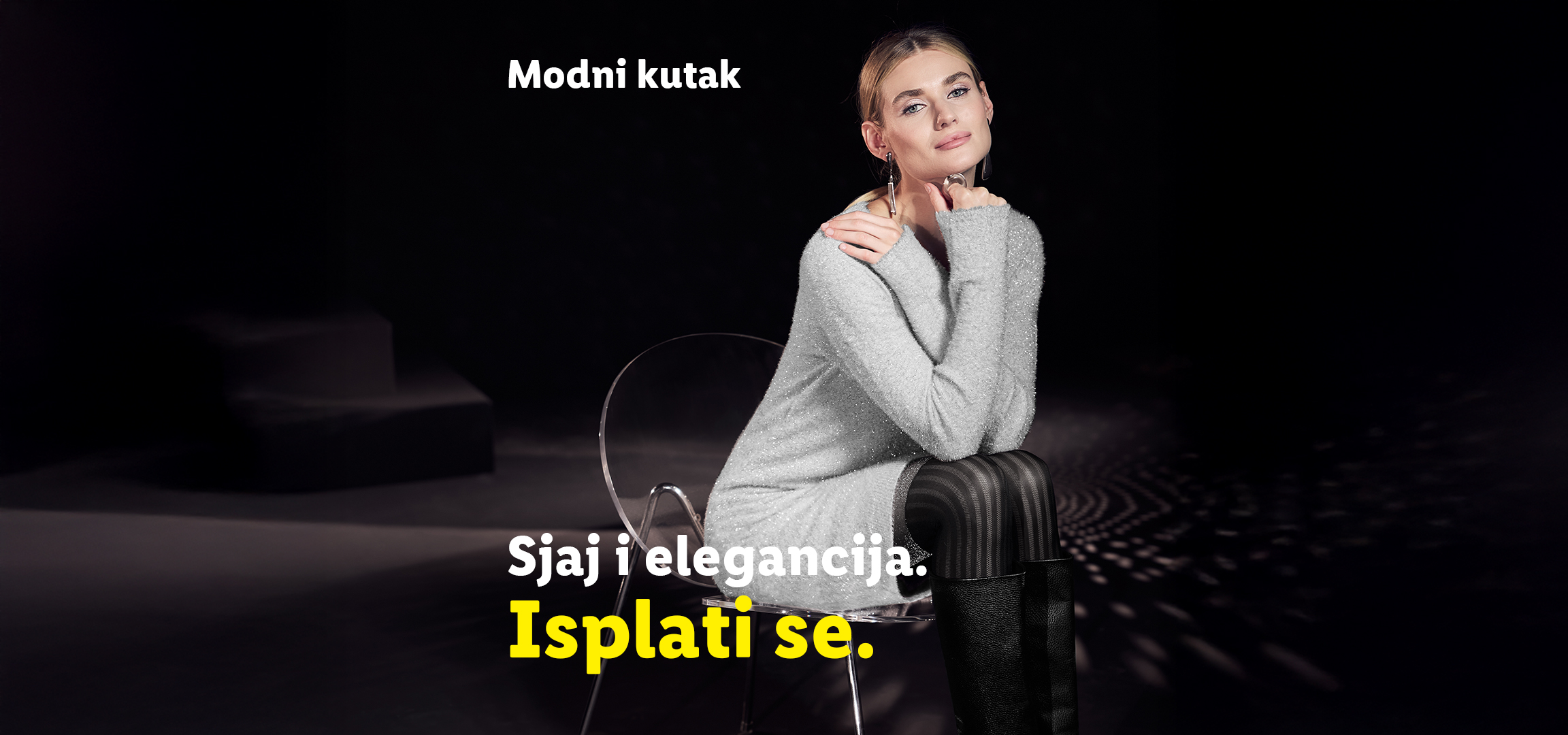Žene u elegantnoj odeći sa natpisom 'Modni kutak. Sjaj i elegancija. Isplati se.'