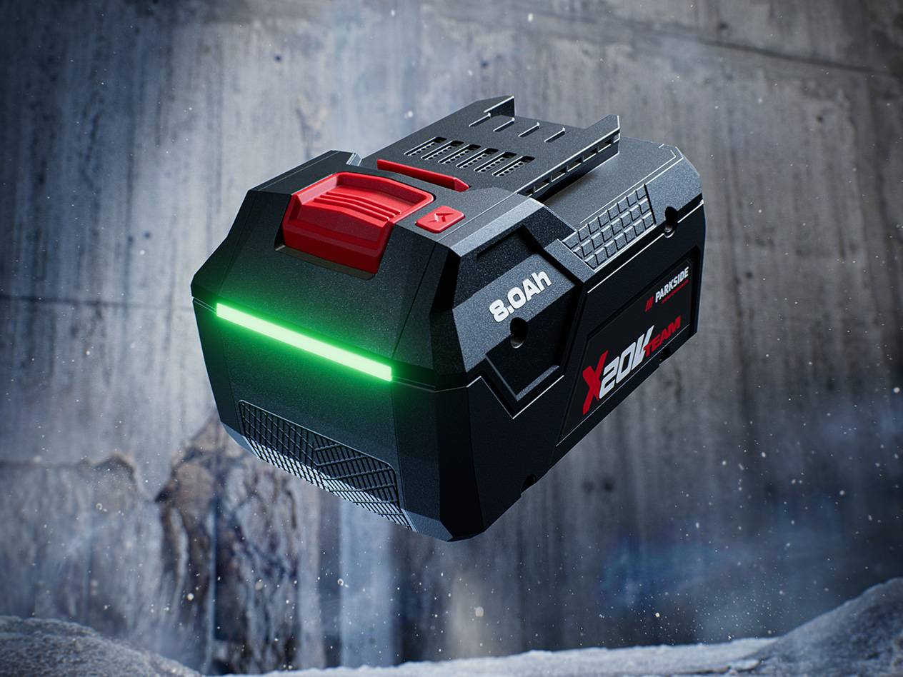 Parkside X 20V Team 8.0Ah baterija sa jarko zelenim indikatorom napunjenosti.