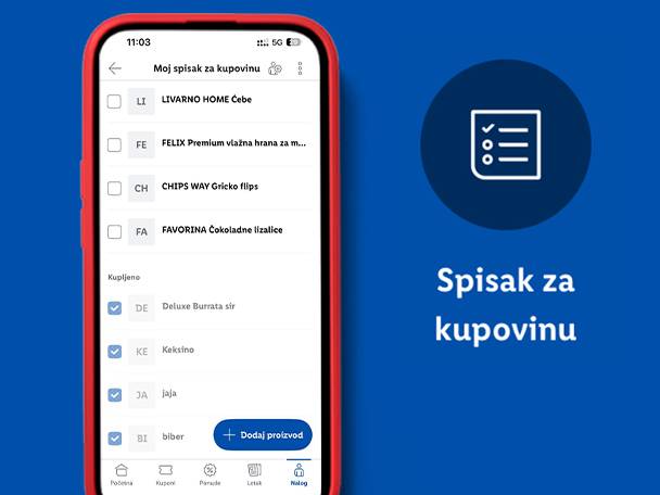 Mobilna aplikacija sa spiskom za kupovinu, prikazuje namirnice poput sira, keksa, jaja i bibera.