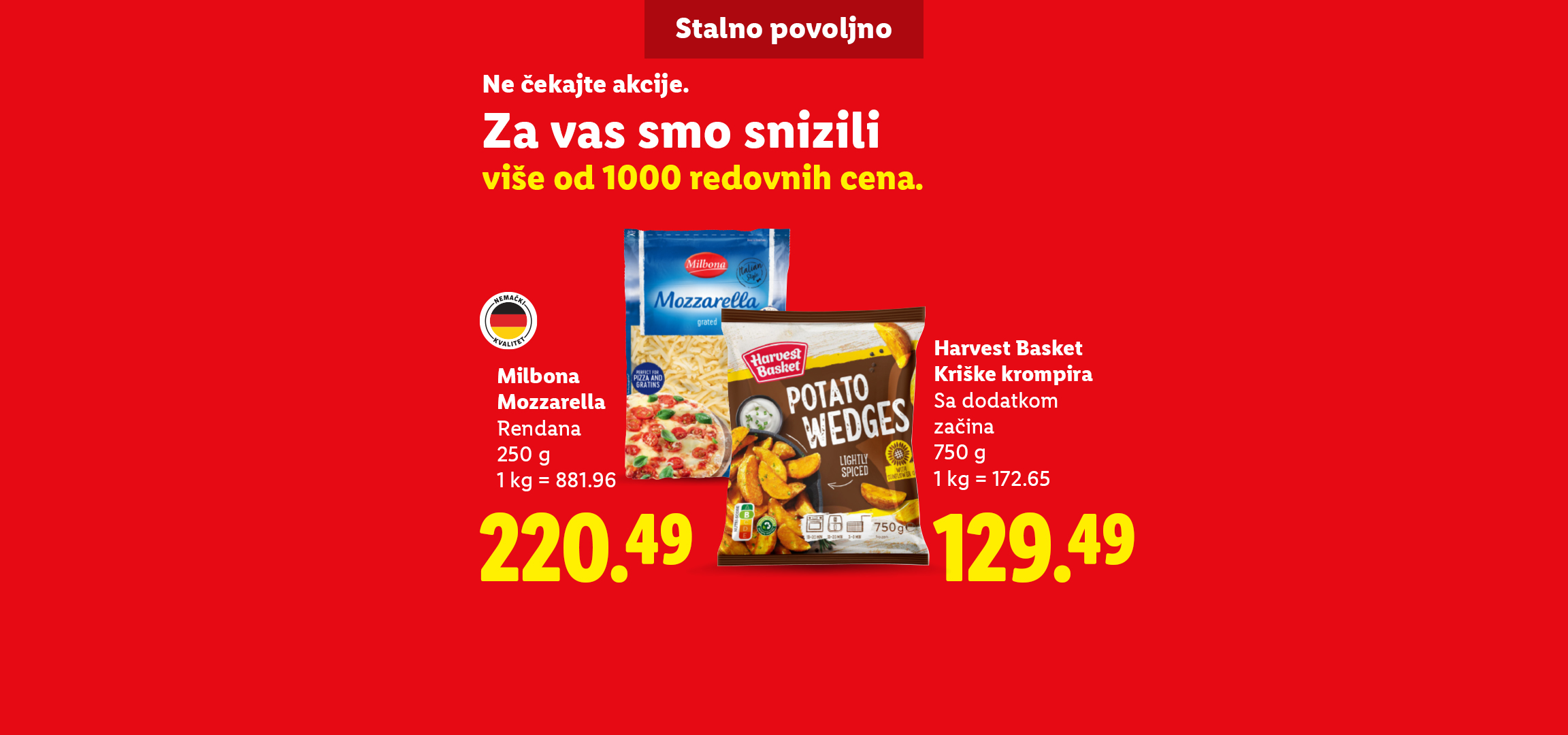 Akcijska ponuda sa rendanom mocarelom, začinjenim krompirom i spanaćem, uz poruku o sniženju preko 1000 redovnih cena.