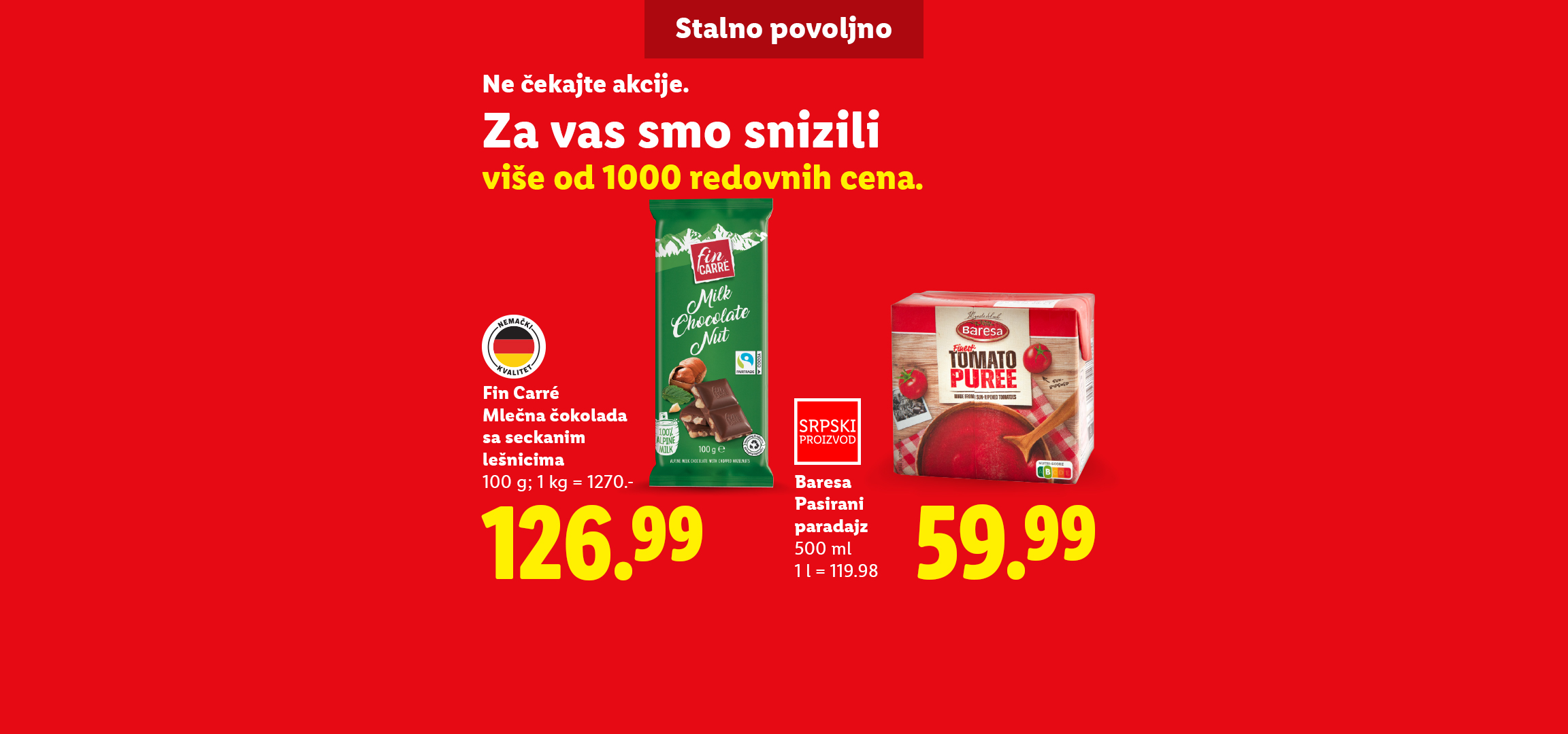 Reklama za Lidl sa čokoladom Fin Carré, Baresa paradajz pireom i Floralys kuhinjskim ubrusima.