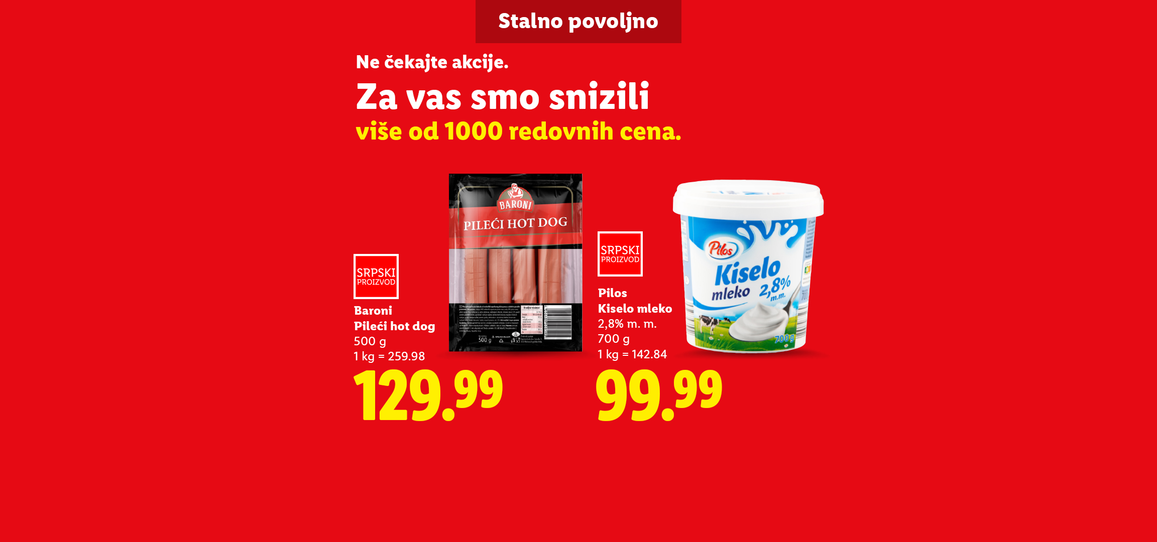 Reklama za Lidl sa sniženim cenama za pileće viršle Baroni, Pilos kiselo mleko i Crownfield ovsene pahuljice.