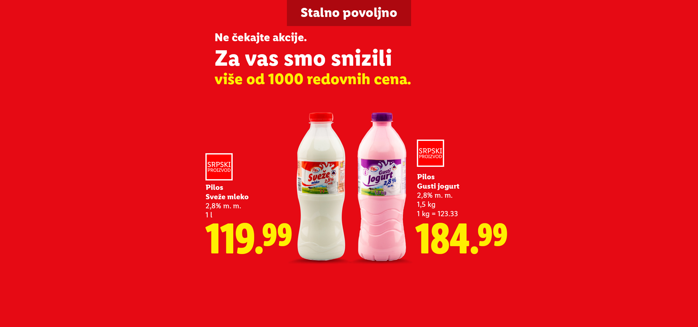 Reklama za Lidl sa mlekom, jogurtom i čokoladom, sa natpisom 'Stalno povoljno'.