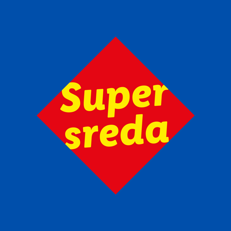 Crveni romb sa žutim tekstom „Super sreda“ na plavoj pozadini.