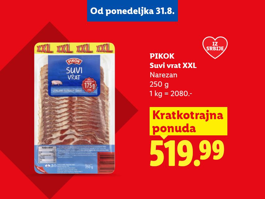Pakovanje narezanog suvog vrata XXL veličine, sa naznačenom cenom i informacijama o ponudi.