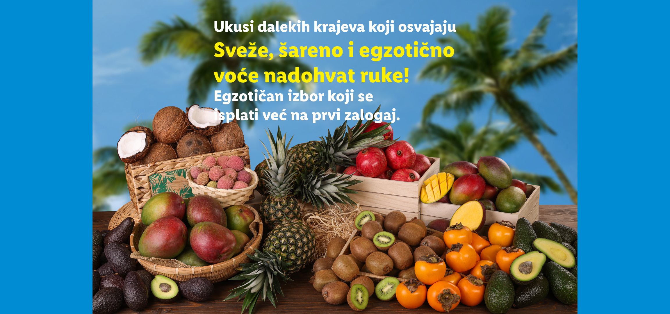 Egzotično voće: kokos, liči, ananas, nar, mango, avokado, kivi i kaki, sa tekstom.