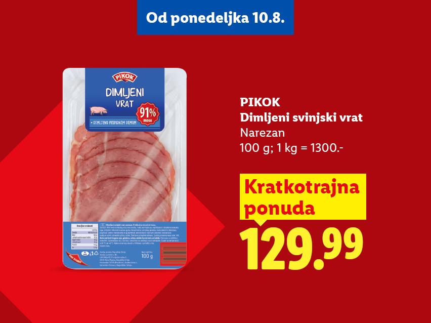 Pakovanje dimljenog svinjskog vrata u listićima, sa cenom i informacijama o proizvodu.