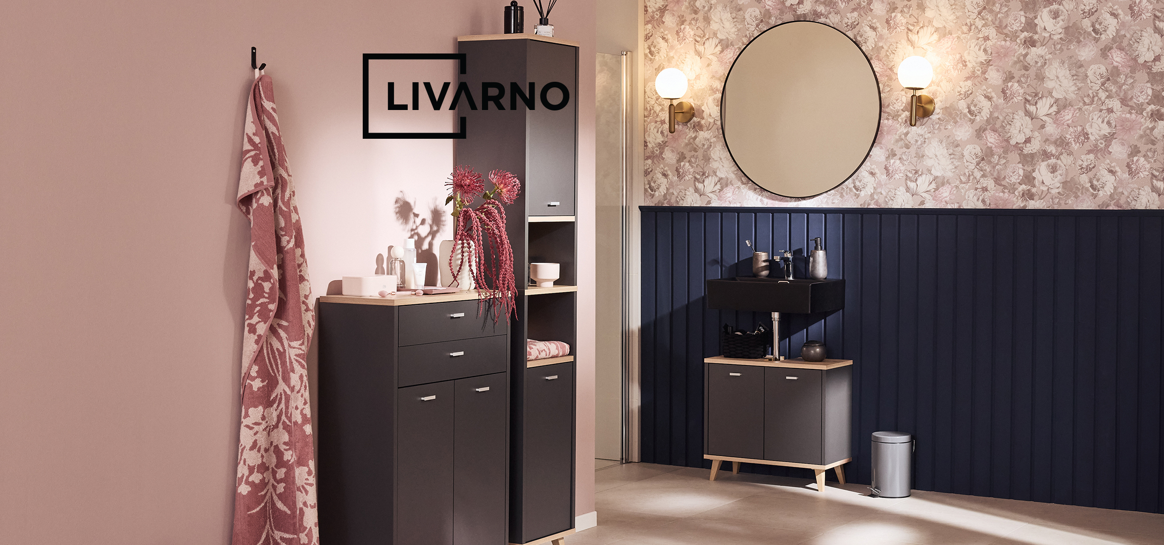 Moderan nameštaj i dekorativni detalji za elegantno i funkcionalno kupatilo.