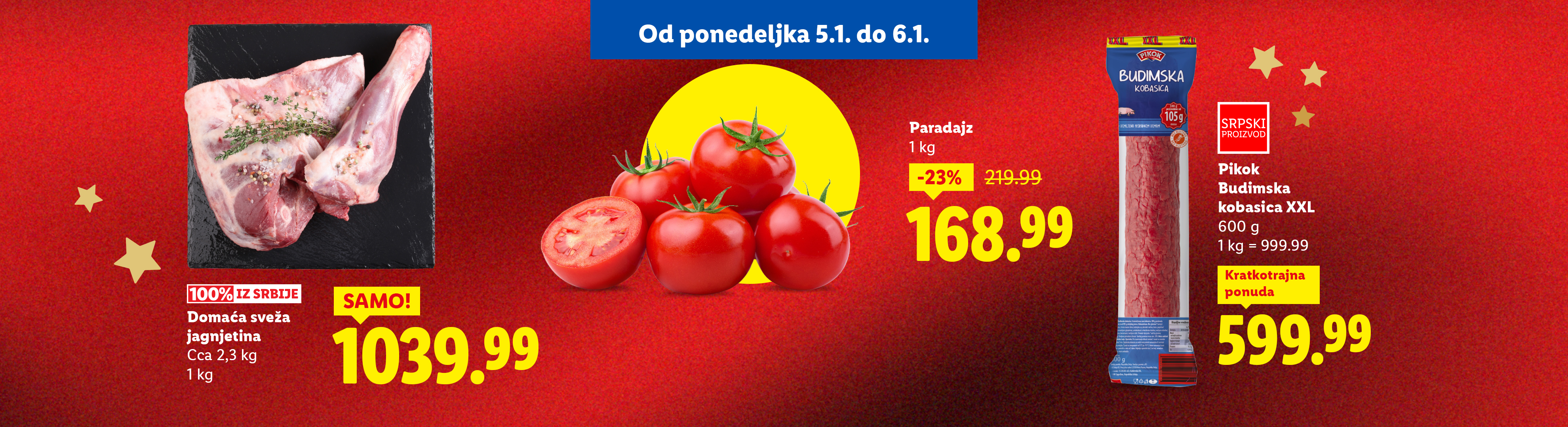 Reklama za Lidl sa jagnjetinom, paradajzom i Pikok Budimskom kobasicom.