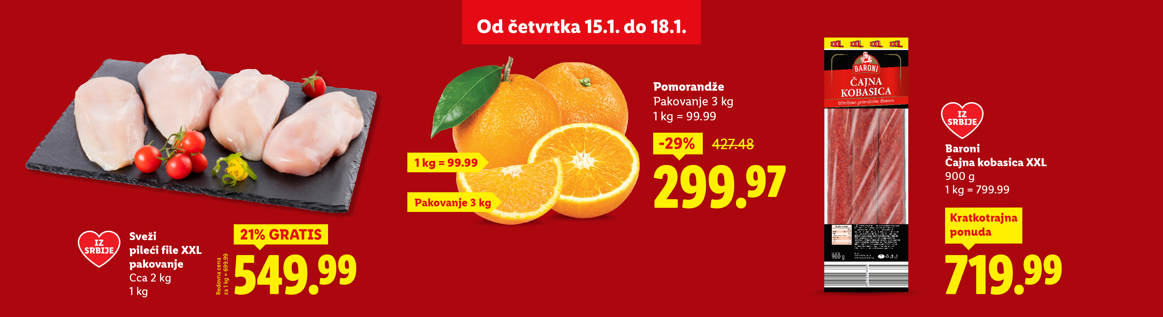 Reklama za Lidl sa pilećim fileom, pomorandžama i čajnom kobasicom Baroni.