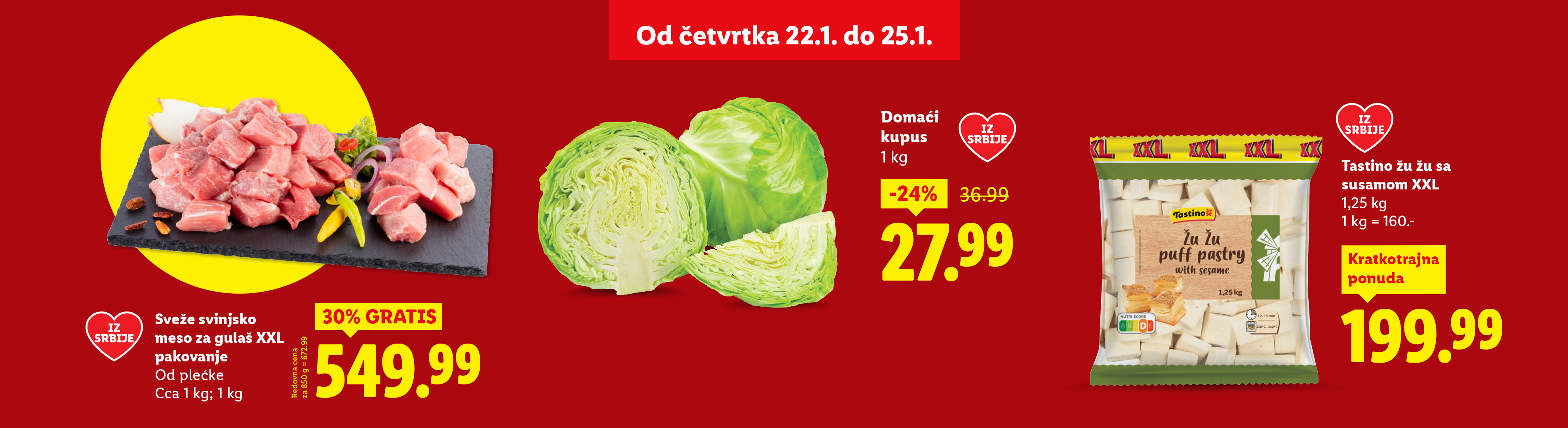 Sveže svinjsko meso za gulaš, domaći kupus i lisnato testo sa susamom u XXL pakovanju, akcija od 22. do 25. januara.