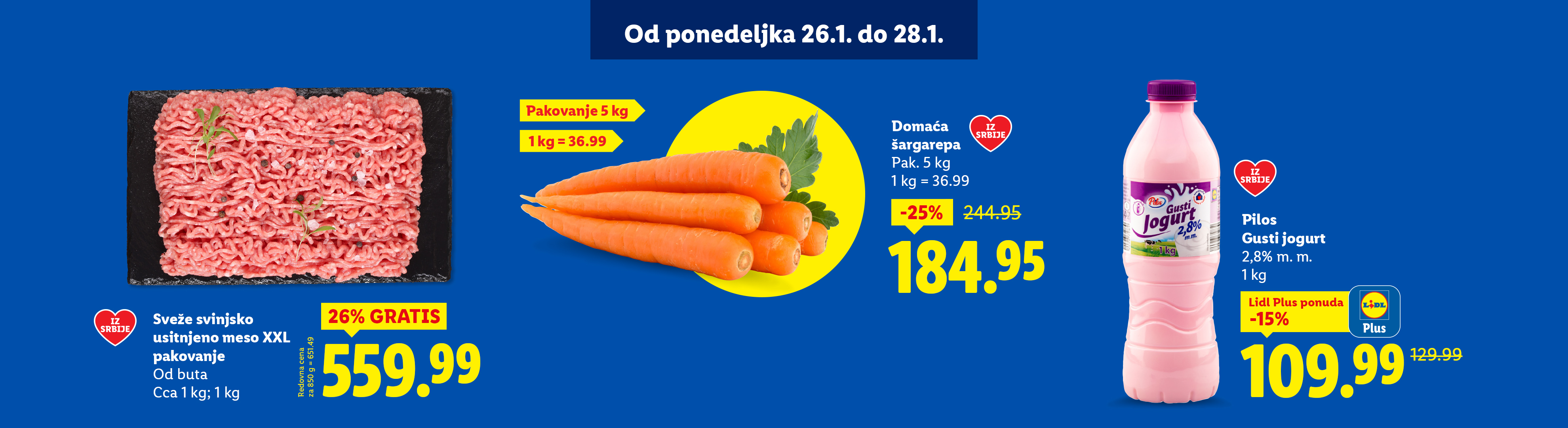 Lidl letak sa mlevenim mesom, šargarepom i jogurtom, sa popustima i cenama.