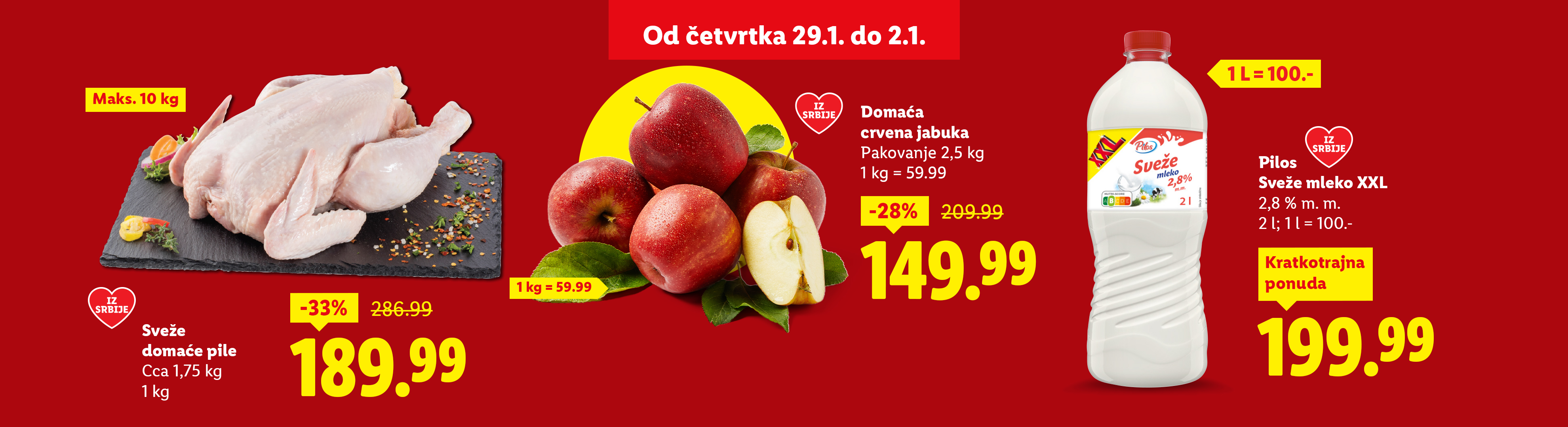 Reklama za sveže pile, domaće crvene jabuke i sveže mleko XXL, sa istaknutim cenama i popustima.