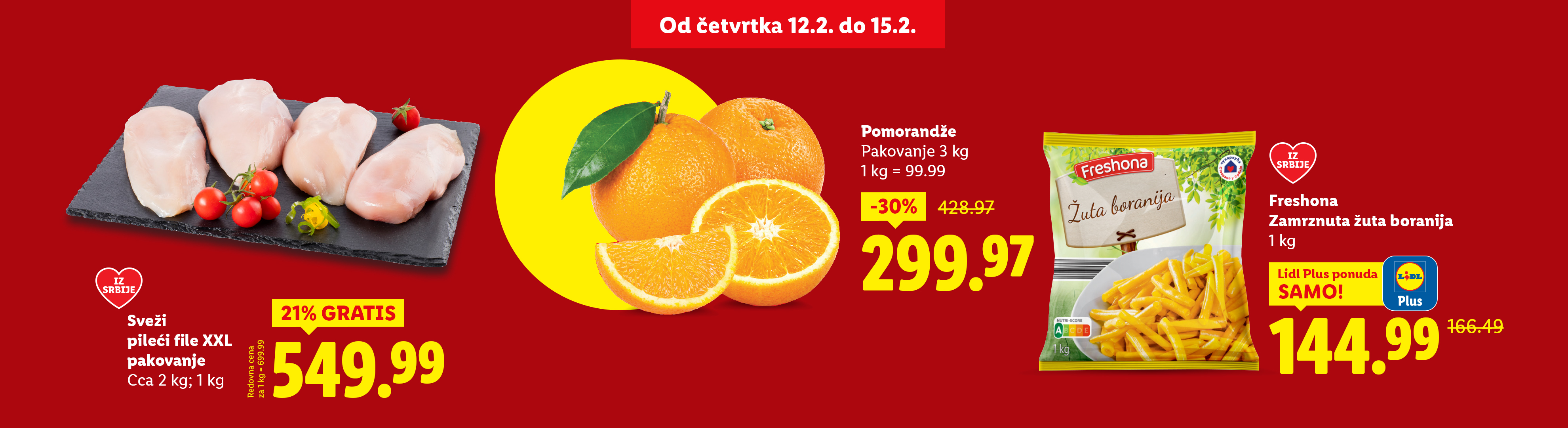 Promotivna ponuda sa pilećim fileom, pomorandžama i smrznutom žutom boranijom.