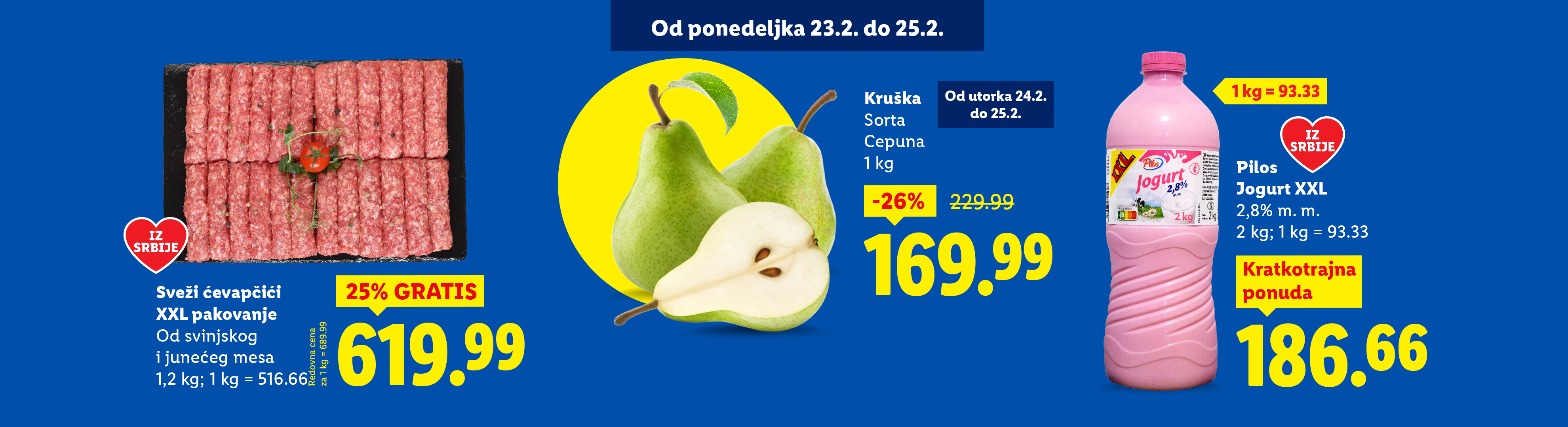 Reklama za ćevapčiće, kruške i jogurt sa popustima i naznakom „Iz Srbije“.