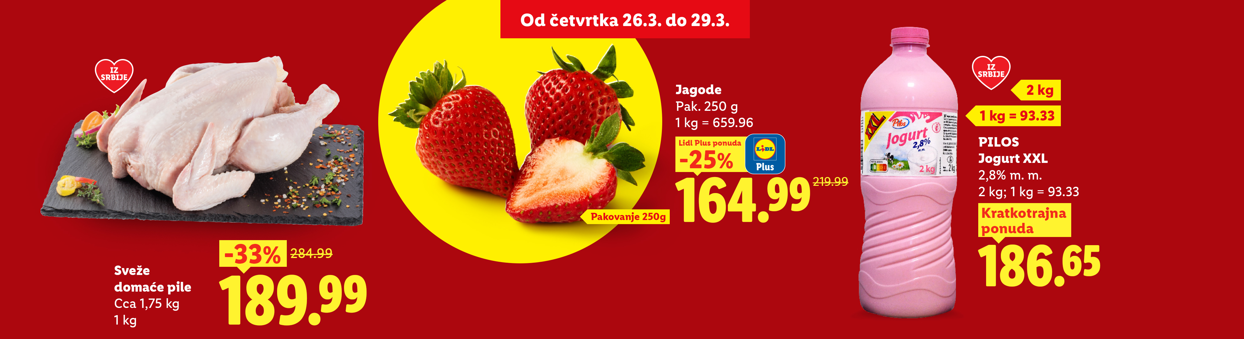 Sveže pile, jagode i jogurt u XXL pakovanju, sa popustima i ponudama.