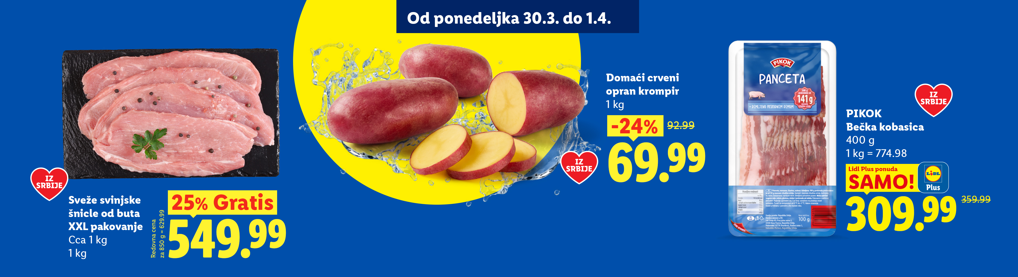 Sveže svinjske šnicle, crveni krompir i bečka kobasica na akciji od 30.3. do 1.4.