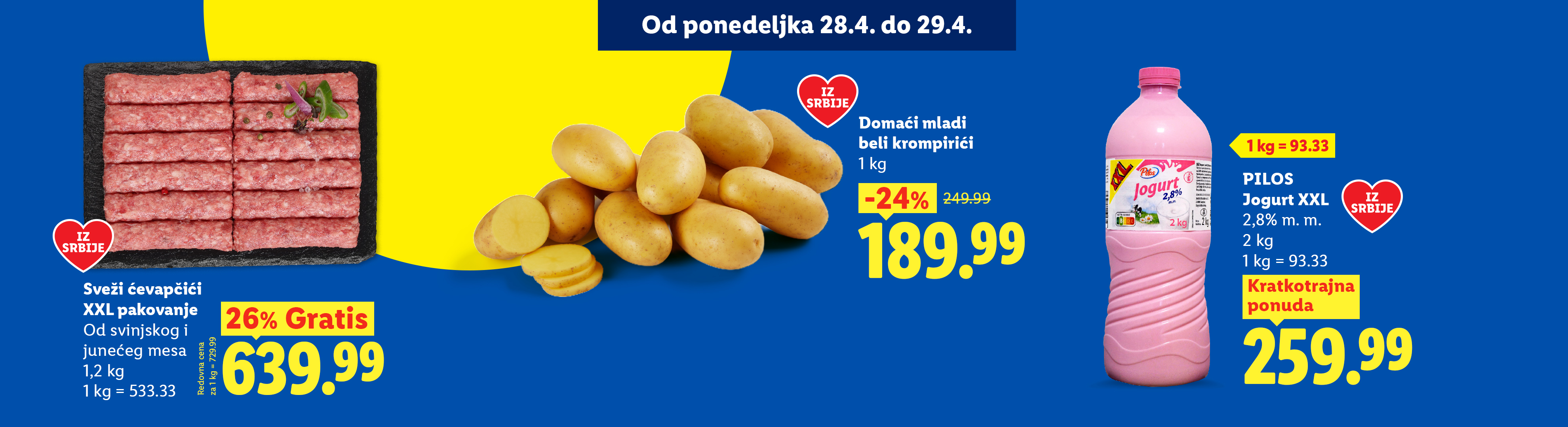 Reklama za ćevapčiće, mladi krompir i jogurt sa popustima, dostupna od ponedeljka 28.4. do 29.4.