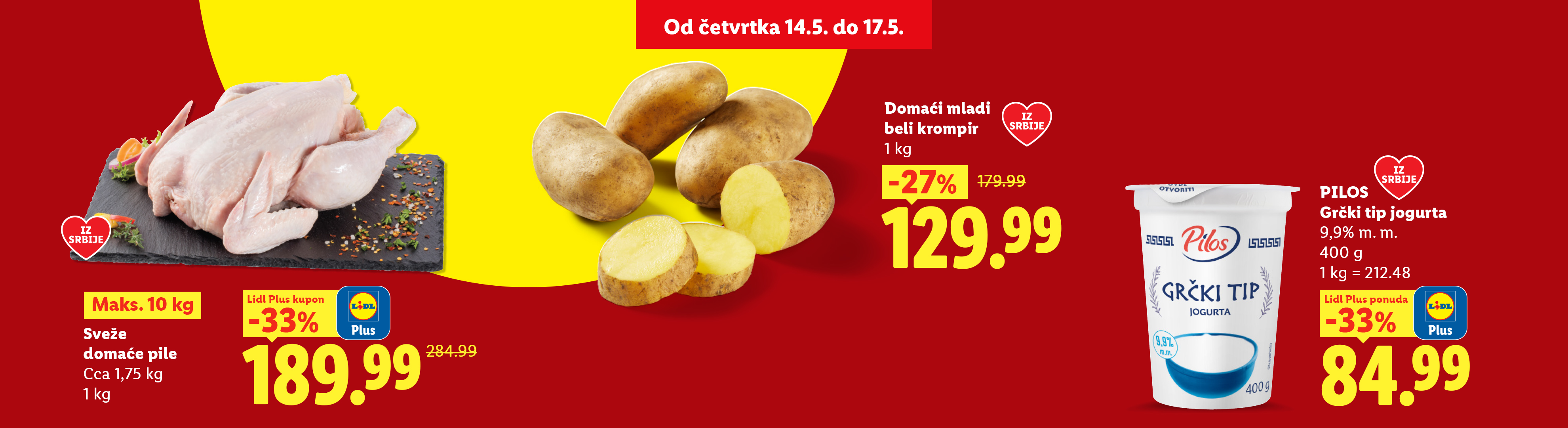 Reklama za sveže pile, mladi krompir i grčki jogurt sa popustima.