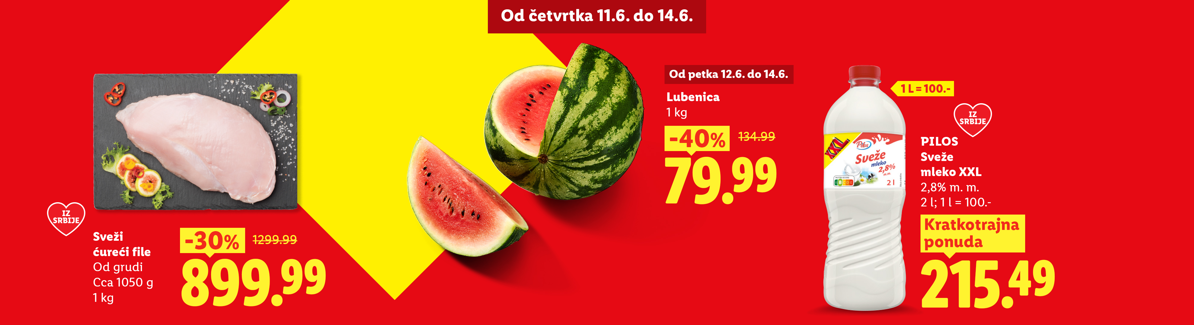 Reklama za sveže ćureće filete, lubenicu i sveže mleko sa popustima i cenama.