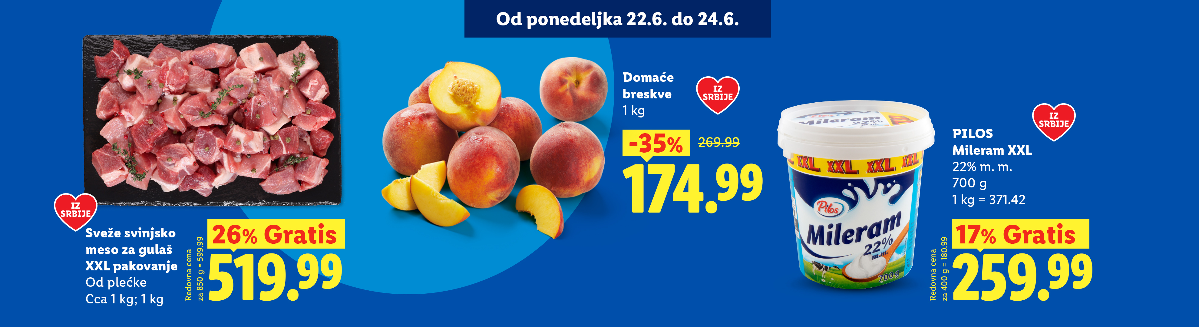 Sveže svinjsko meso za gulaš, domaće breskve i mileram XXL pakovanje na akciji.