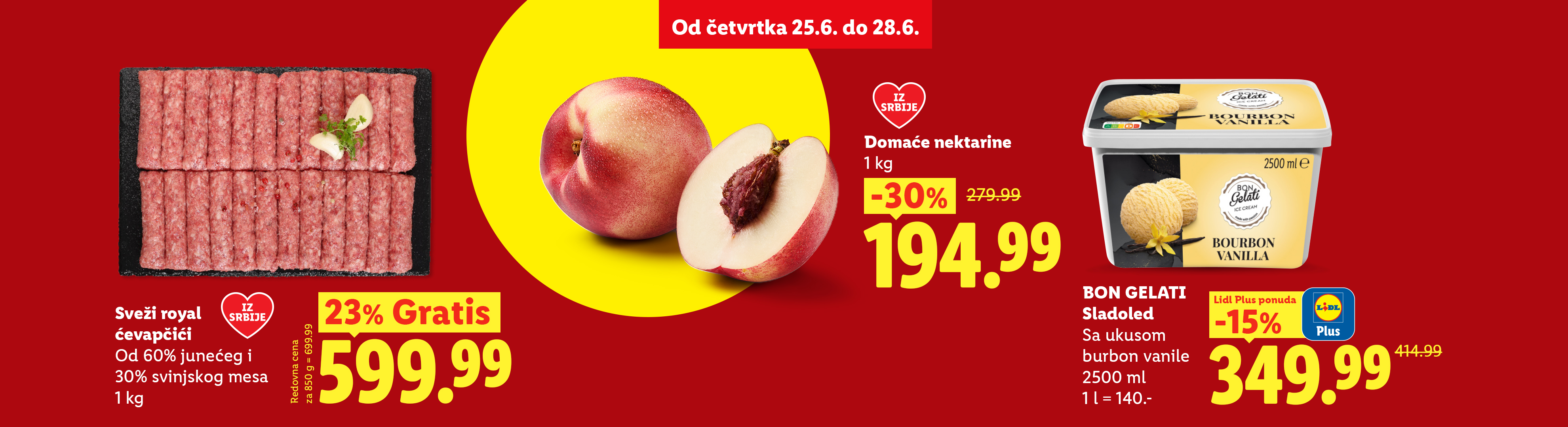 Reklama za ćevapčiće, nektarine i sladoled od vanile sa popustima.