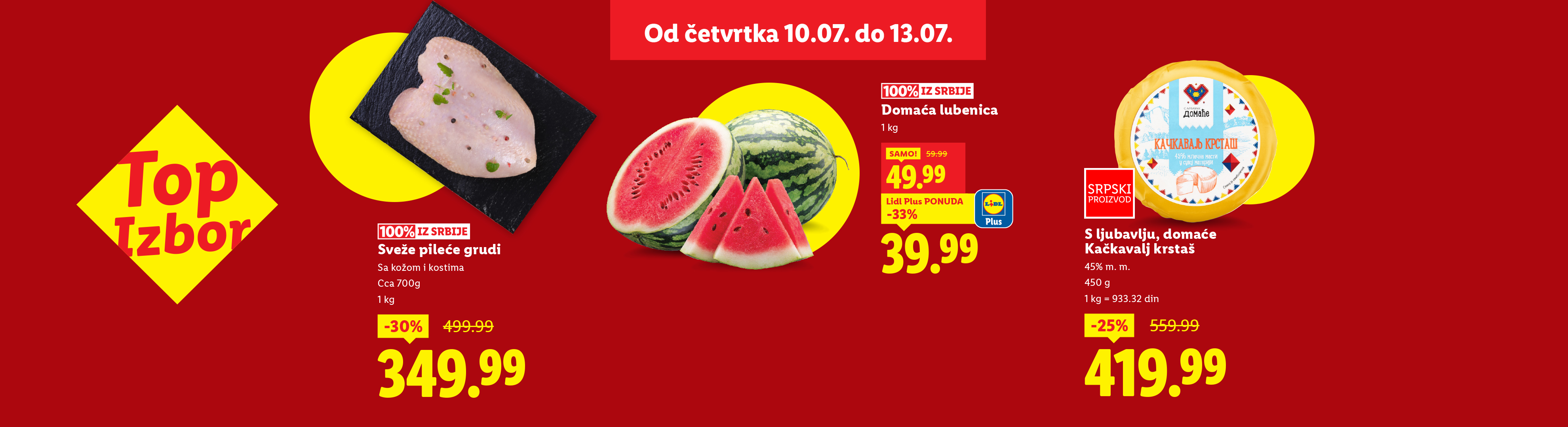 Lidl-ova ponuda: sveže pileće grudi, domaća lubenica i kačkavalj krstaš.