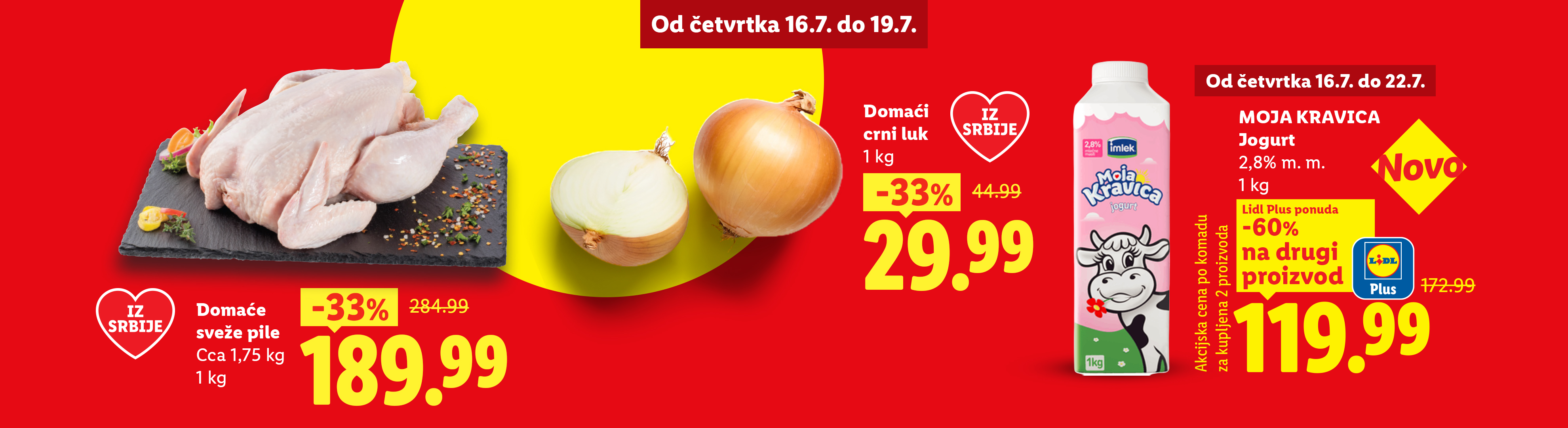 Reklama za sveže pile, crni luk i jogurt sa popustima.