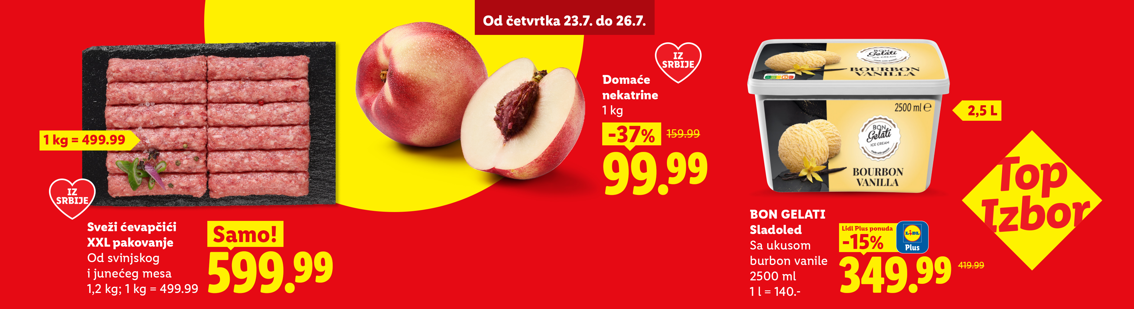 Reklama za sveže ćevapčiće, domaće nektarine i sladoled od burbon vanile sa popustima.