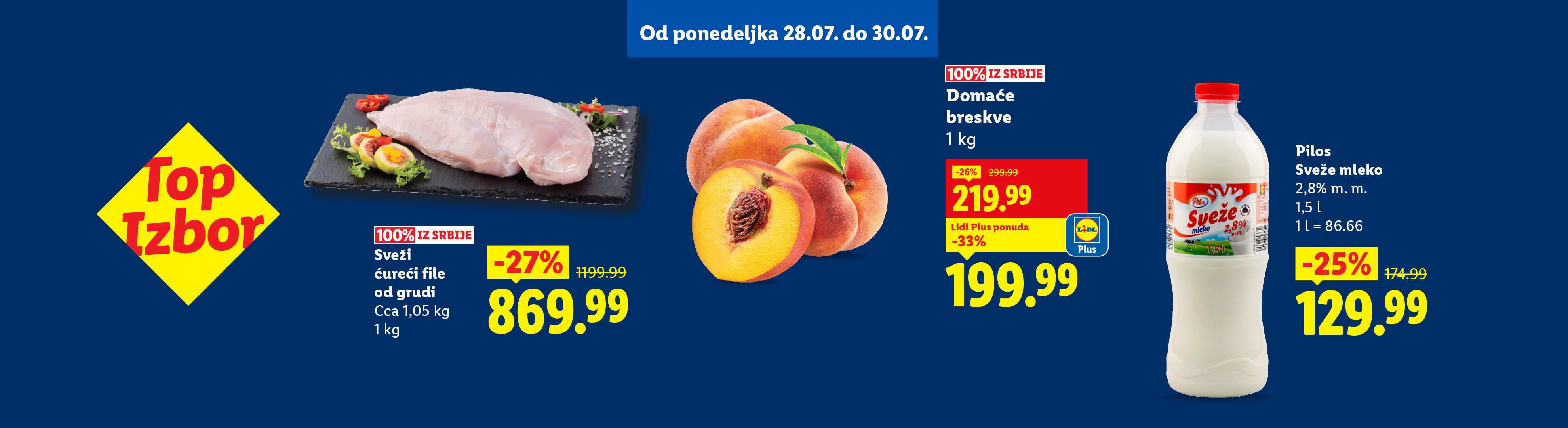 Lidl-ova ponuda: sveže ćureće file, domaće breskve i Pilos sveže mleko.