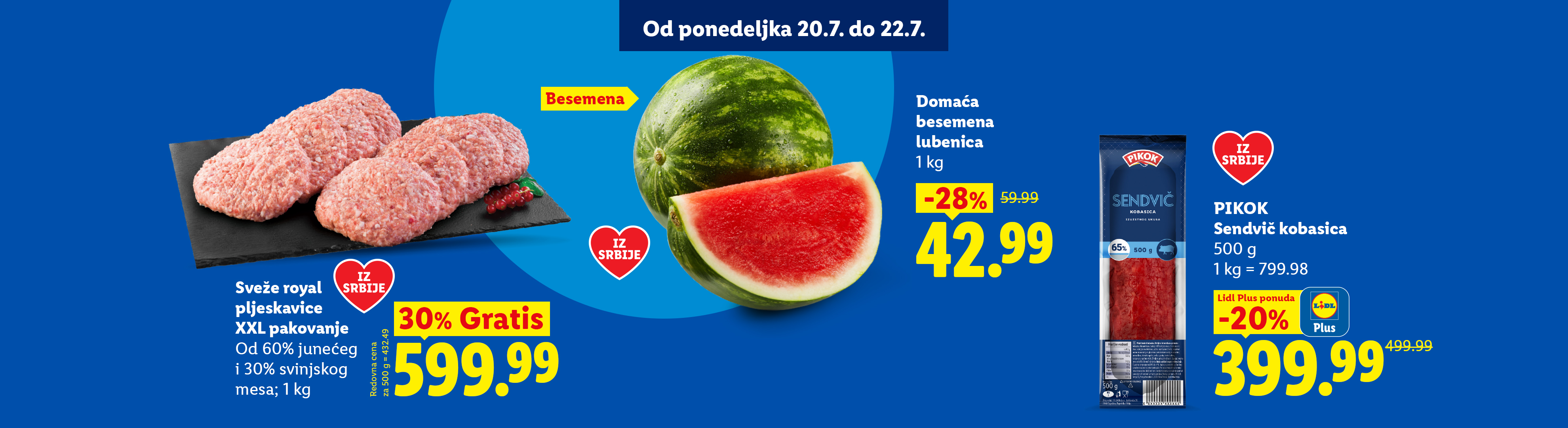 Reklamni letak sa pljeskavicama, lubenicom i sendvič kobasicom, sa istaknutim popustima.