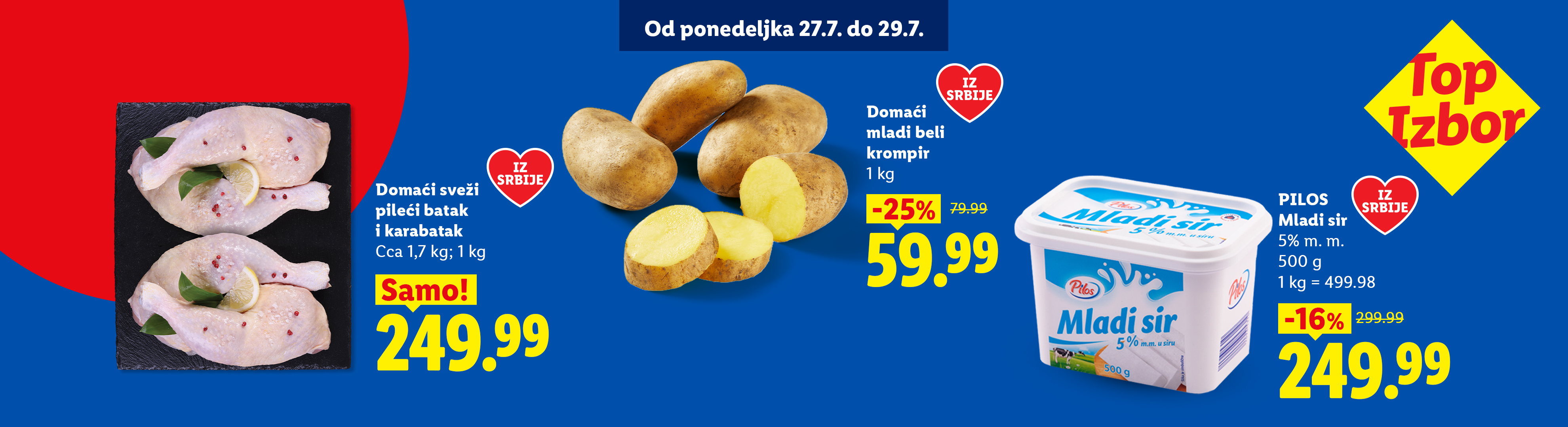 Sveži pileći batak i karabatak, mladi beli krompir i mladi sir u ponudi od ponedeljka 27.7. do 29.7.