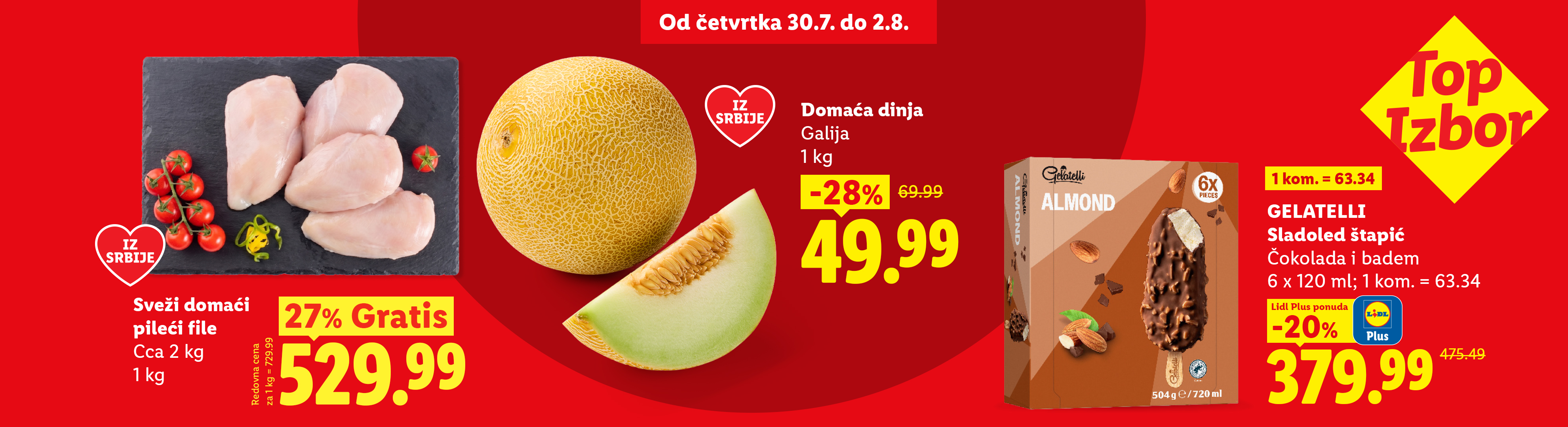 Reklama za sveži pileći file, dinju i sladoled sa bademom i čokoladom, sa istaknutim popustima.